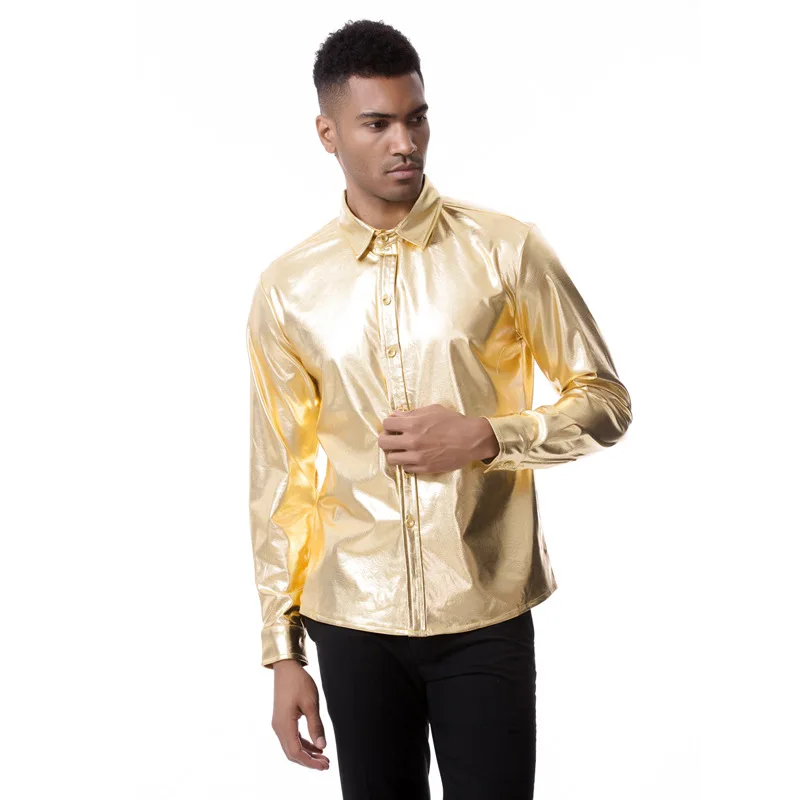 Mattswag Shiny Metallic Long Sleeve Dress Shirts High Quality Social Nightclub Men's Clothing Fashion Party Prom Chemise Homme