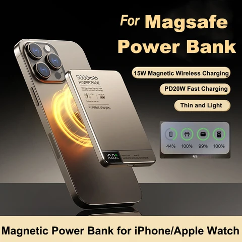 Магнитный внешний аккумулятор Power Bank 3 в 1, PD20W, беспроводное быстрое зарядное устройство, внешний аккумулятор для Magsafe Powerbank для iPhone 17 16 15 iWatch Airpods