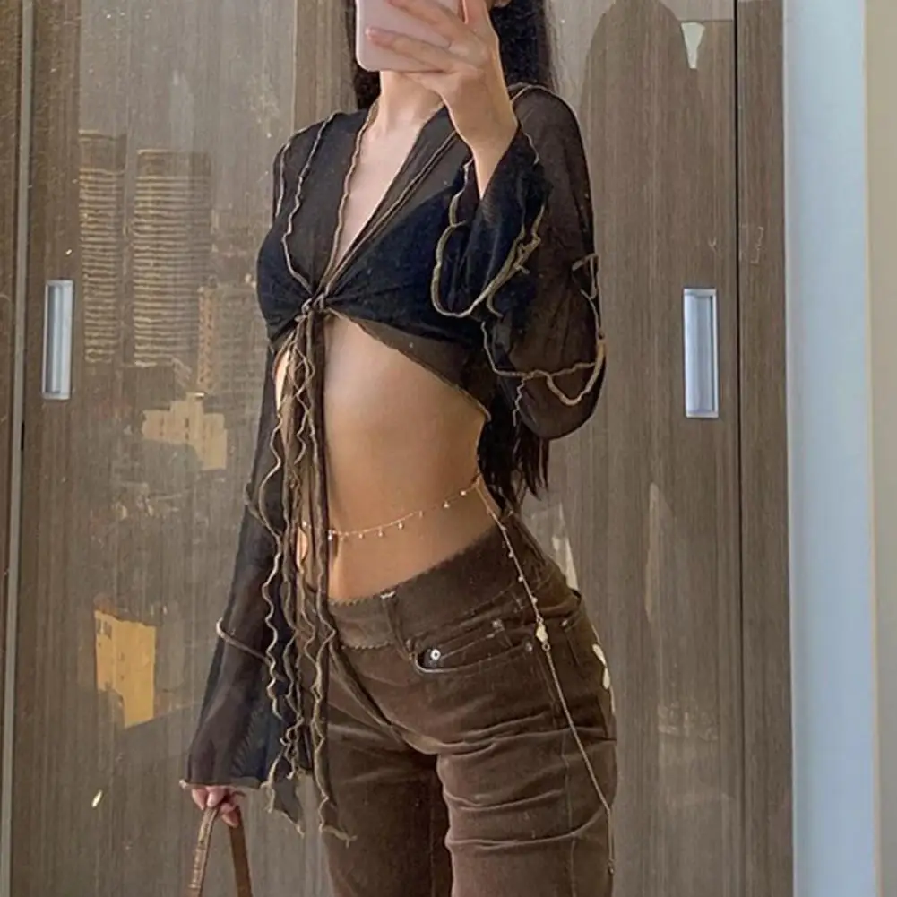 

Soft Wear Stylish Perspective Net Yarn Short Women Blouse Stretchy Sexy Top Stitching Design Streetwear