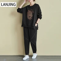 large size womens clothing 2022 new suit fashion mothers clothing autumn winter loose and thin casual two piece fashion