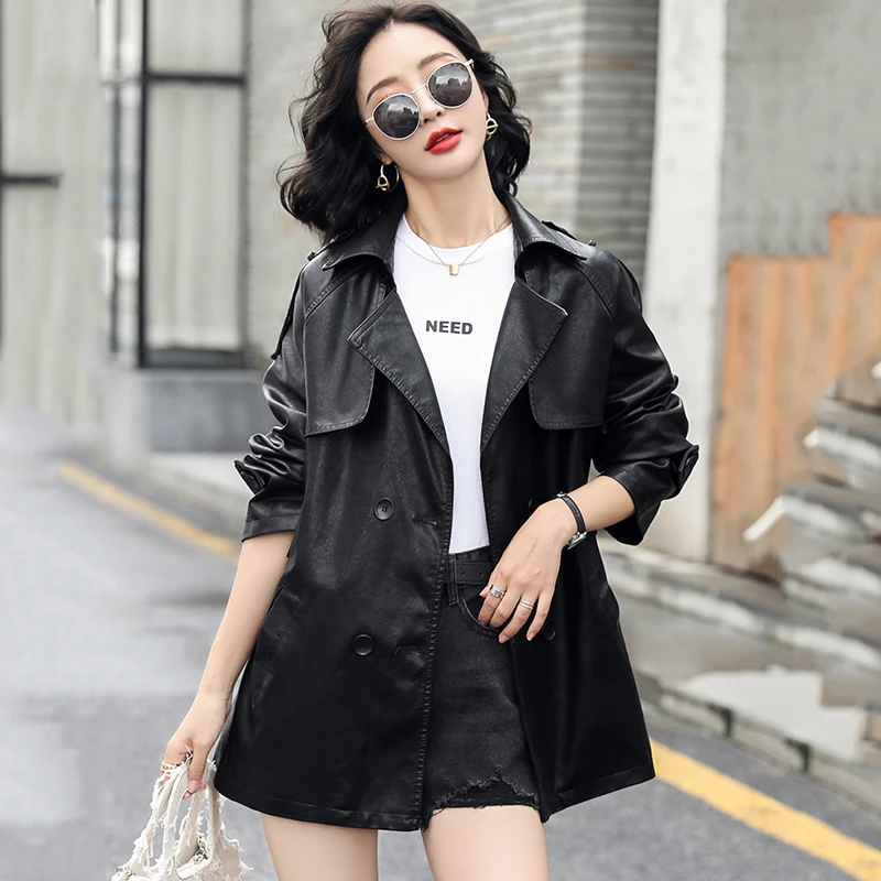 

New Women Leather Jacket Spring Autumn 2022 Casual Fashion Solid Color Elastic Waist Loose Sheepskin Trench Coat Biker Jacket