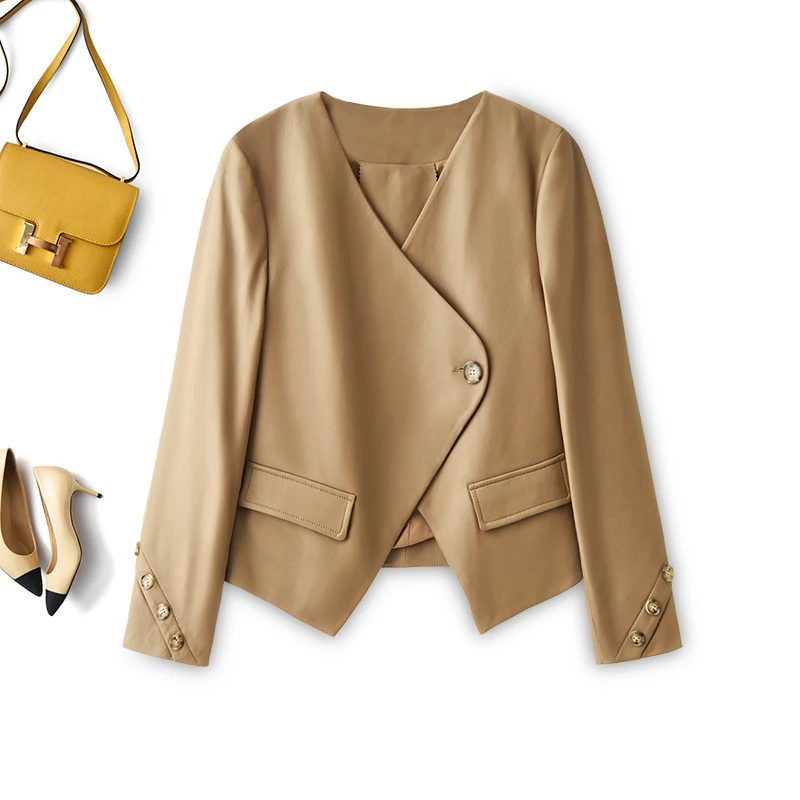 SHUCHAN Design Fashion Crop Top Jacket Women Real Leather Jacket Women  Single Button  High Street  Sheepskin Genuine Leather