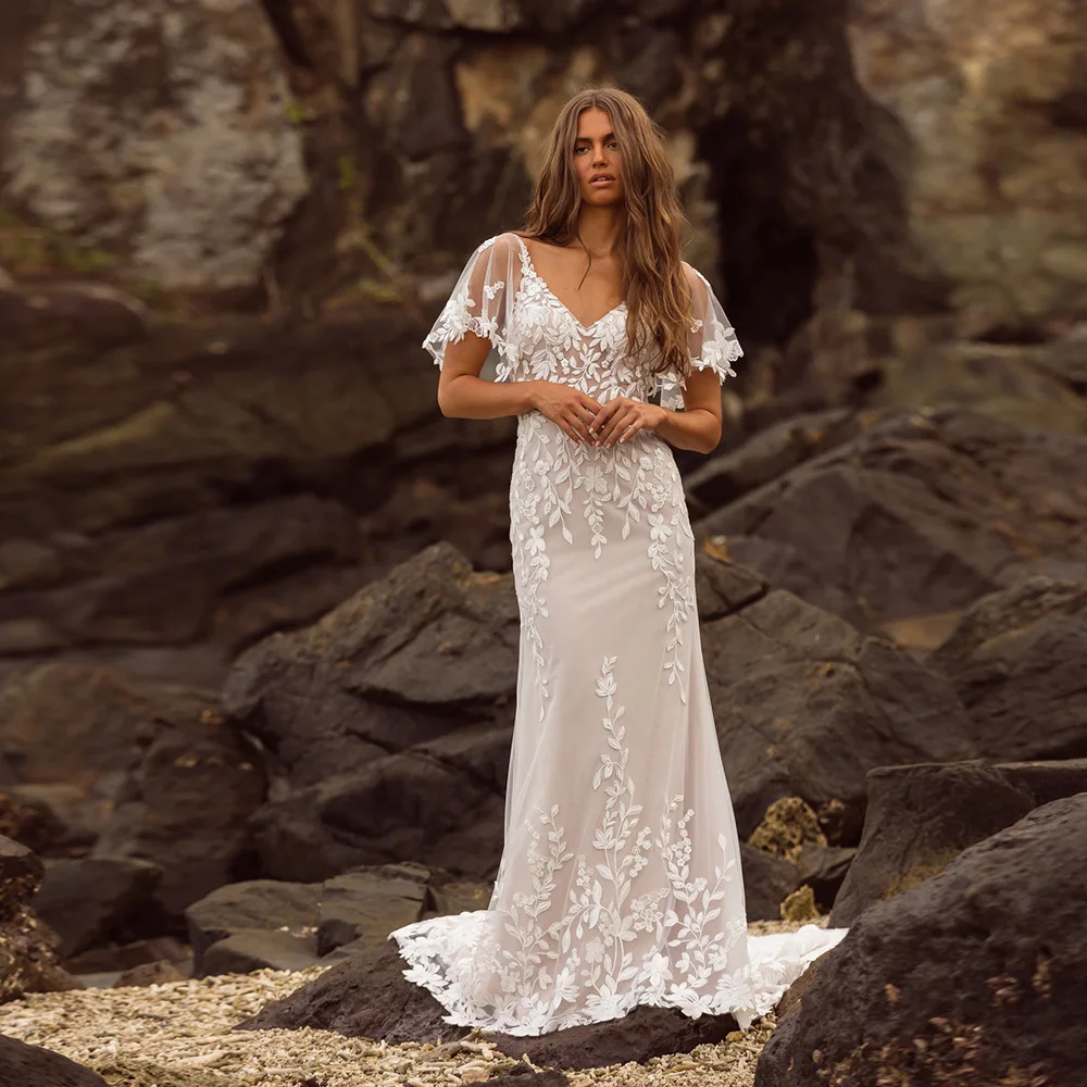 

Mermaid V-neck Wedding Dresses for Women with Cap Bride Lace Appliques Sexy Backless Bridal Gowns Custom Made Vestidos De Novia