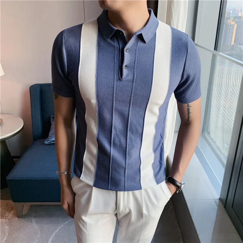 

Stripe Splice Ice Polo Shirt Men Summer New Short Sleeve Slim Polo Shirt Casual Button Lapel Pullover Office Social Golf Camisas