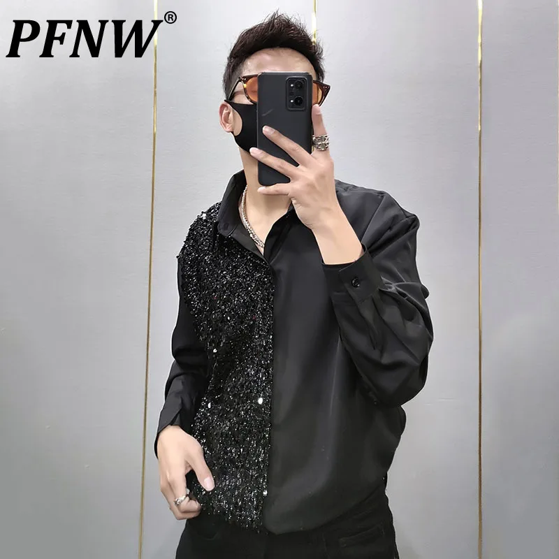 

PFNW Sequin Spliced Men's Long Sleeve Shirts Korean Fahsion Shoulder Pad Cardigan Male Autumn Niche Design 2023 Chic New 28W1136