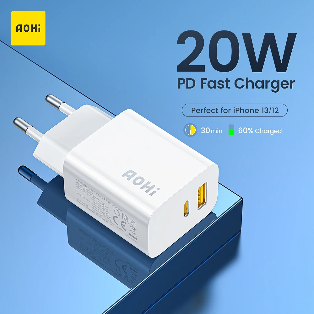  Зарядное устройство AOHI PD с двумя USB-портами и поддержкой быстрой зарядки, 20 Вт 