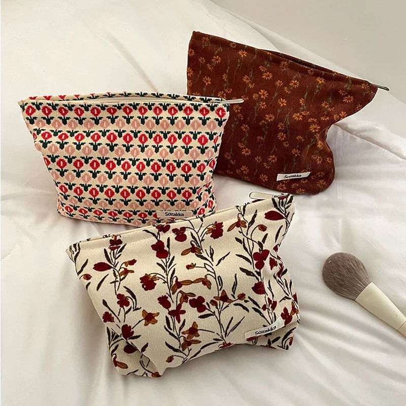 

Corduroy Retro Flowers Print Cosmetic Bag Wash Bag Women Travel Cosmetic Pouch Beauty Storage Cases Make Up Organizer Clutch Bag