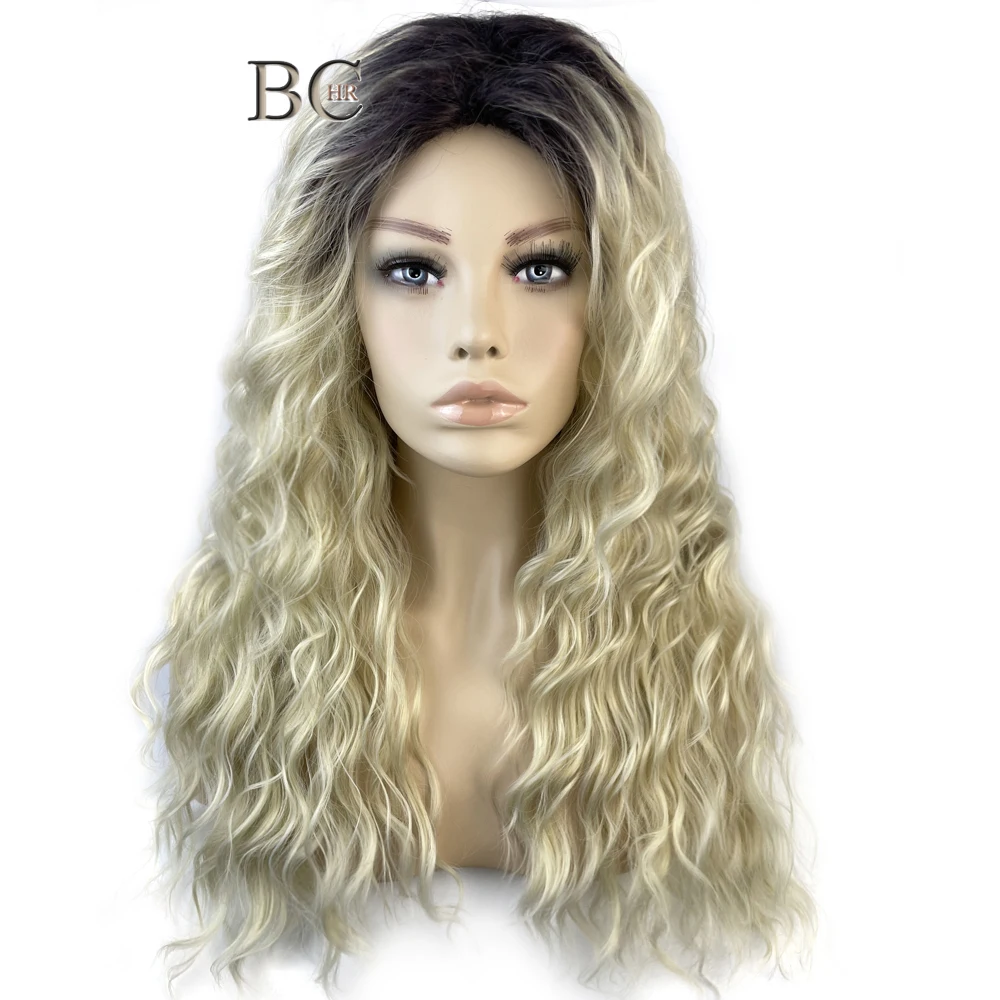 

Synthetic Blonde Curly Wig Long Gold Dark Roots Wigs For Women Natural Wavy Free Parting High Quality Wig Female