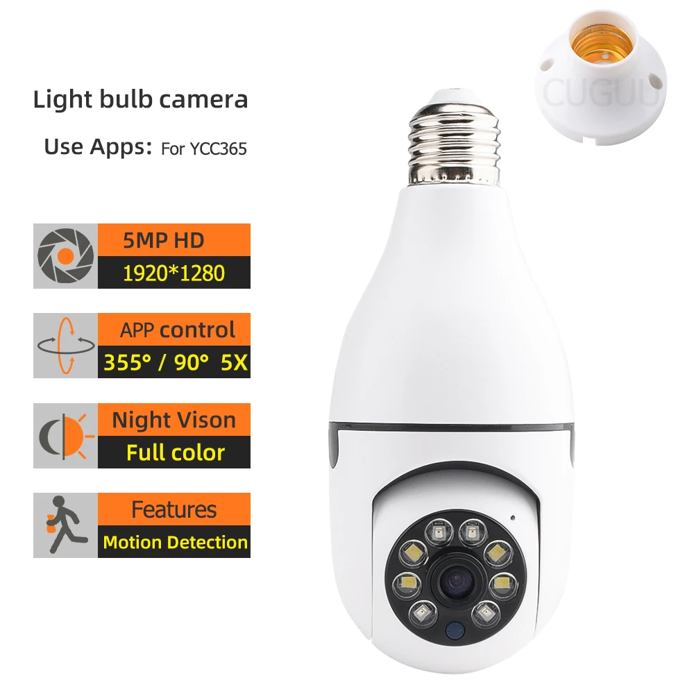 360°Panoramic Wifi Light Bulb Surveillance Cam PTZ IP Camera Night Vision Motion Detection Smart Home Security Protection Webcam