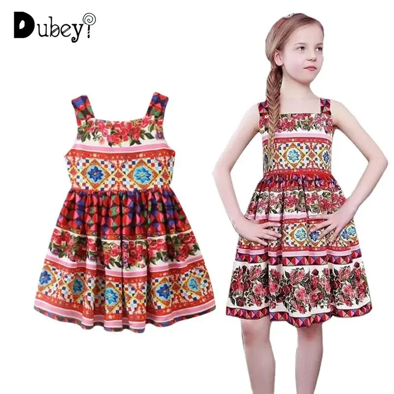 

New Summer Dresses for Girl Royal Pattern Dress Princess Dresses Elegant Fairy Costume Girls Brand Floral Clothes