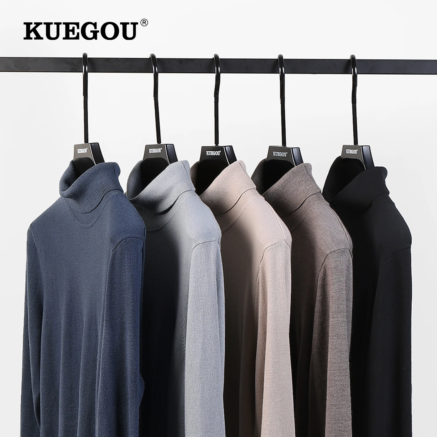 

KUEGOU 2022 Autumn Winter New Men's Turtleneck Sweater 100% Wool Warm High Quality Jumper Slim Fit Male Knitting Pullovers JX03