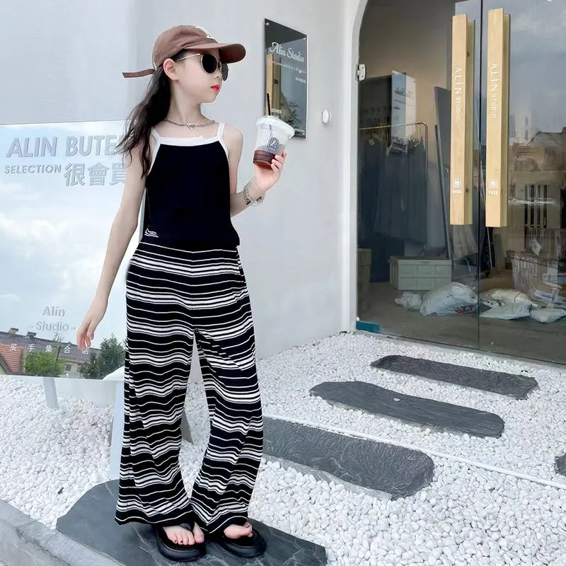 Children Clothing Sets Tank Top And Chiffon Pants Striped Print Straight Casual Girls Summer Cool Two Pieces Costumes 4-14Years
