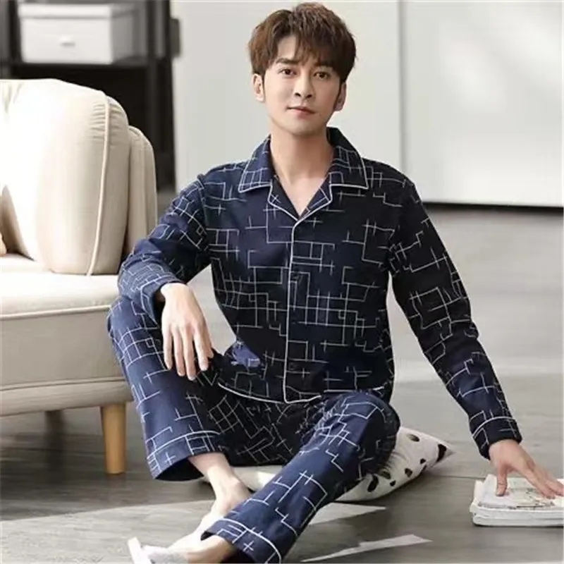 Pajamas Set Men 100% Cotton Spring Sleepwear Plus Size Full Sleeve Long Pants Striped Pyjamas Suits Male Homewear Lounge Wea
