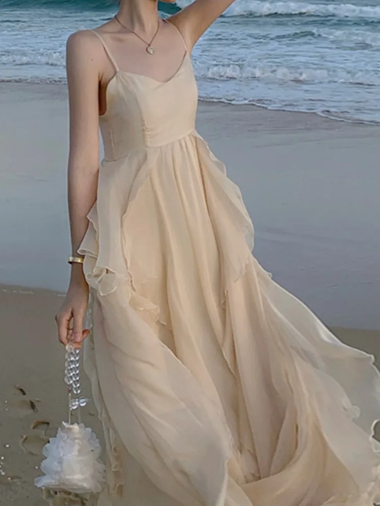 

Женское Повседневное платье-трапеция средней длины, элегантное винтажное облегающее пляжное платье на бретелях-спагетти, праздничная одеж...