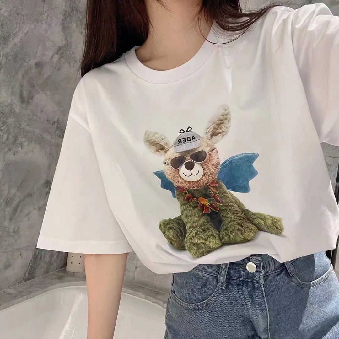 ADER Cartoon bear print round neck short sleeve all-match T-shirt