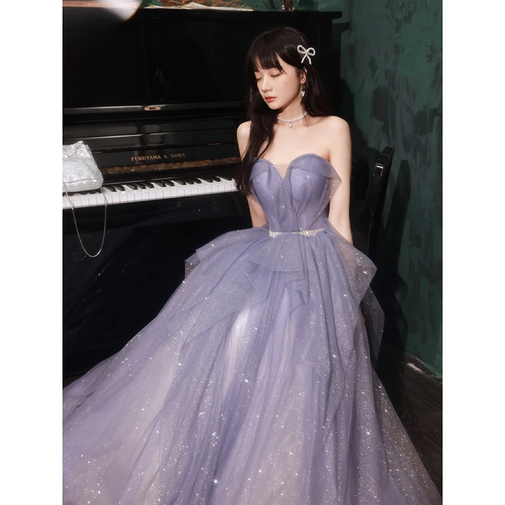 Purple Bridesmaid Dresses Boat Neck Off Shoulder Fantasy Glitter Ruffle Long Banquet New Female Formal Elegant Prom Gowns Party