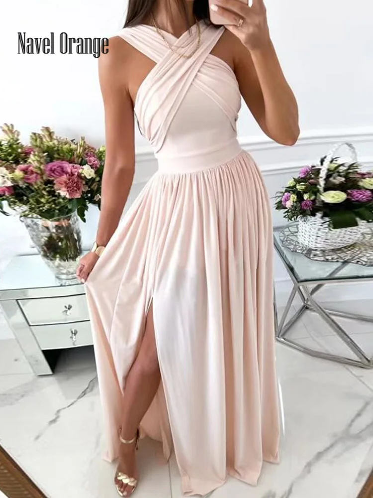 

Summer Women Halter Backless Long Party Dress Sexy Sleeveless Solid Holiday Split Ladies Dress Elegant Streetwear Dropshipping
