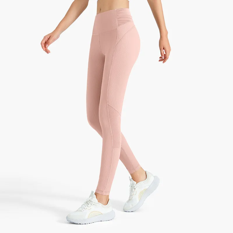 Solid Color New Design Women Sports Pant Athletic Fitness Yoga Legging Soft Breathable Mesh Ribbed High Elastic Side Waist Folds