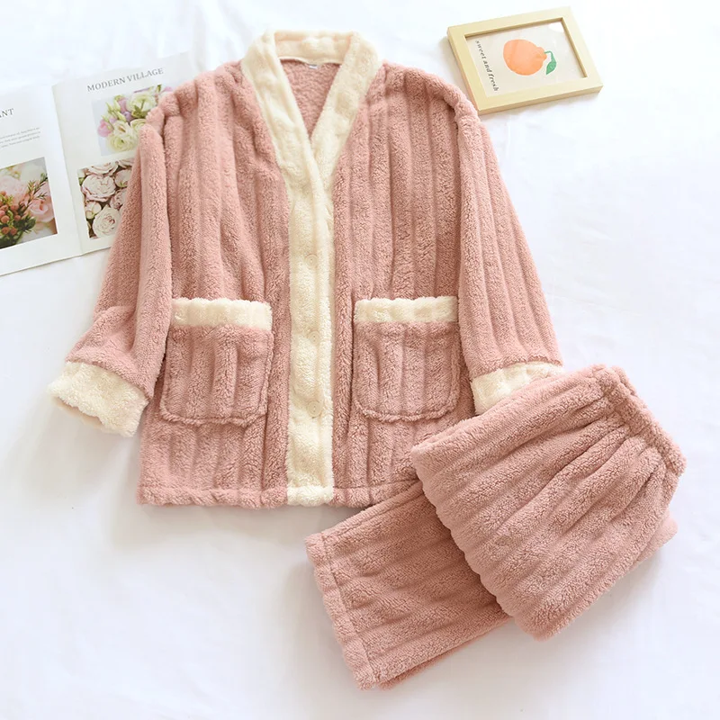 New winter women's pajamas long-sleeved trousers two-piece thickened flannel suit coral fleece warm home clothes sleepwear