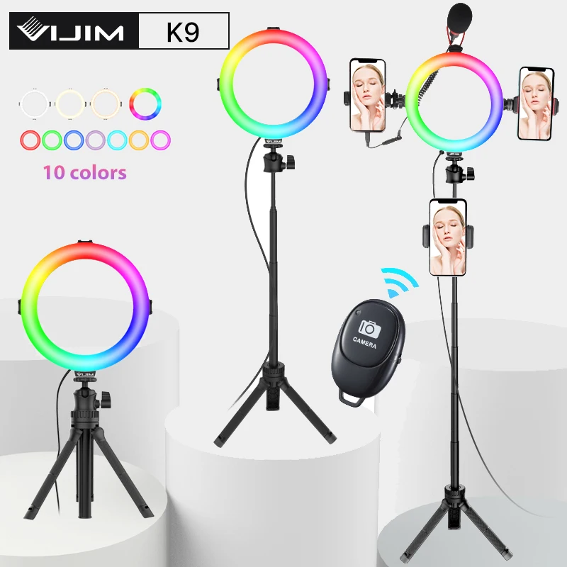 

VIJIM K9 RGB кольцевой светильник 8 дюймов Led ободок лампа с держателем для мобильного телефона штатив-Трипод стойка потокового видео в реальном времени светильник для Youtube Tiktok