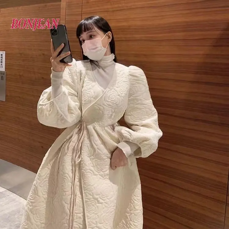 2022 Winter Fashion Rhombus Parka Good Quality Dress Suit High Waist A-line Skirt Thickened Warm Cotton Warm Parka Suit