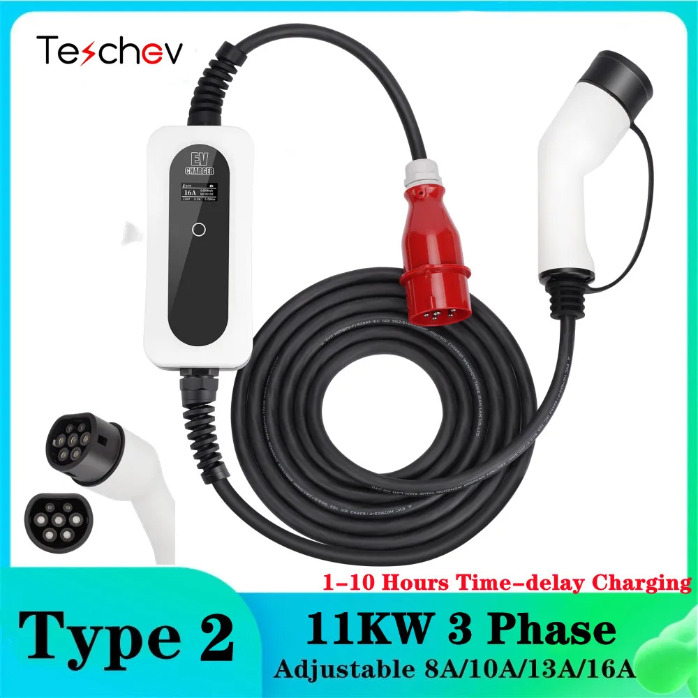 Teschev-cargador eléctrico portátil para coche, estación de carga de 11KW, 3 fases, IEC62196-2, tipo 2, con 5 pines, enchufe CEE, IP65