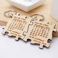 personalized 2pcs calendar keychain wooden puzzle keychains for couple lover save the date keyrings diy anniversary gift for her