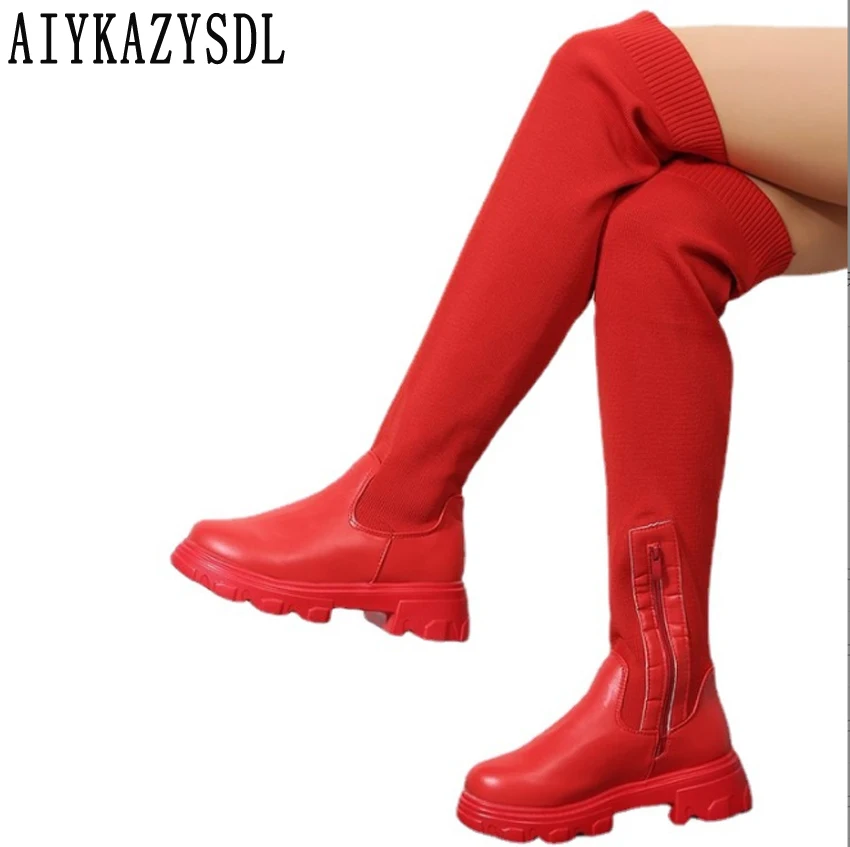 

AIYKAZYSDL Over The Knee Stretch Boots Casual Shoes Flat Platform Low Heel Ridding Knight Boots Autumn Winter Bootie Plus Size
