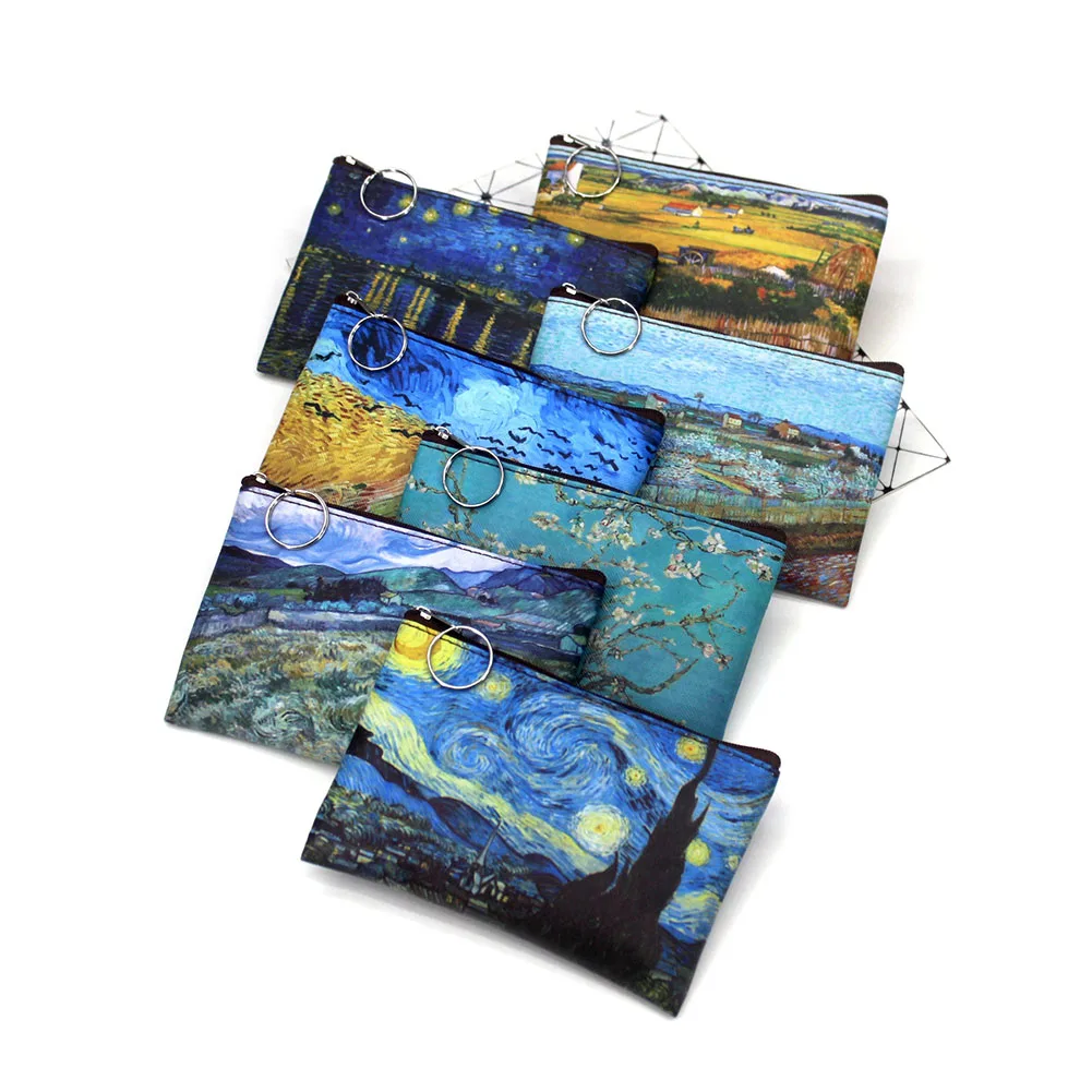 Canvas Painting Printing Fold Wallet Small Card Organizer Key Pouch Money Bag Coin Purse Zipper Coin Bags For Men Women
