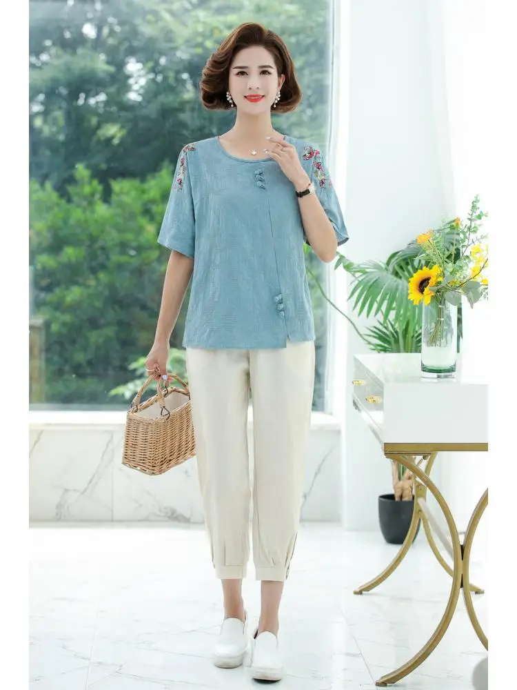 

Middle-Aged Mother Suit Cotton Printed embroidery T-Shirt 2 Piece Set Pants Set 2022 New Summer Fashion Womens Suit Mother Dress
