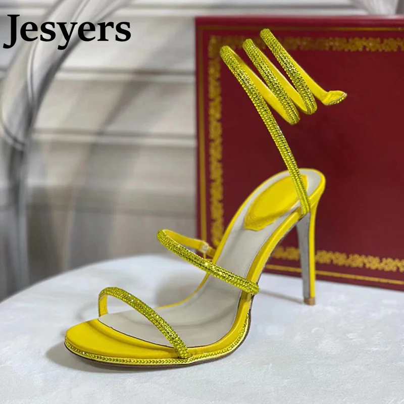 

Summer Shiny Diamonds Thin High Heels Sandals Women Genuine Leather Narrow Band Crystal Sandalias Sexy Wedding Dress Party Shoes