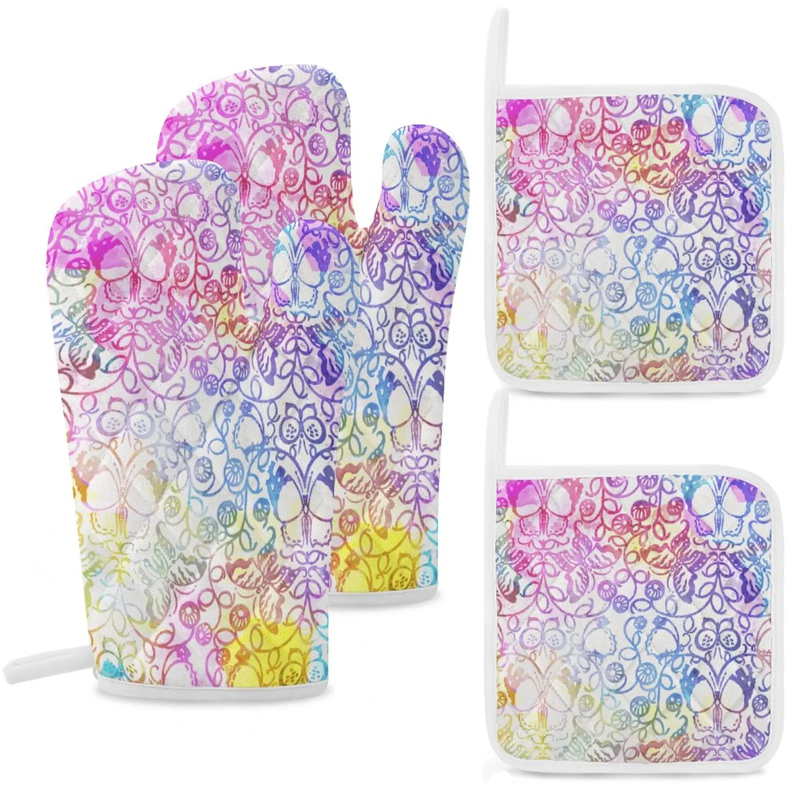 

Oven Mitts and Pot Holders Sets of 4 Resistant Hot Pads Non-Slip Gloves for Cooking Baking Grilling, Retro Pattern