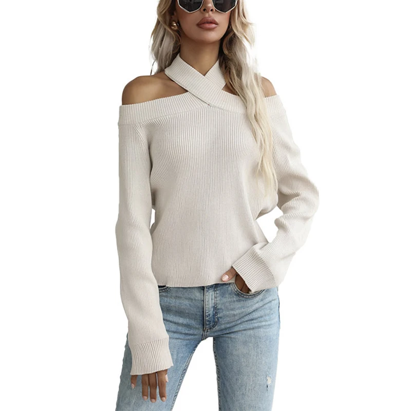 

Женские свитера с лямкой на шее, повседневный пуловер с длинным рукавом, свитер с открытыми плечами, вязаный свитер, свободный свитер большо...