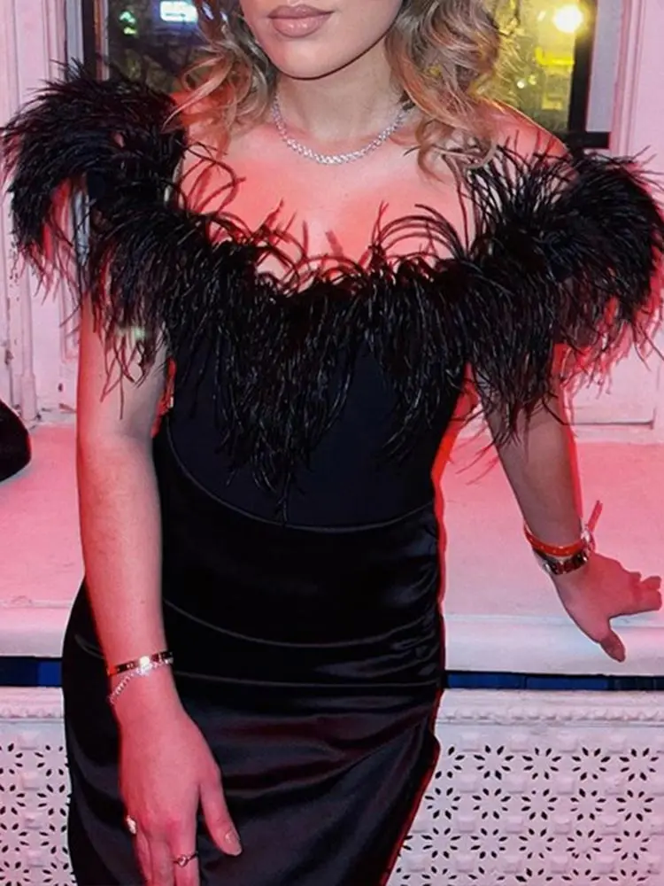 Женский сексуальный однотонный облегающий топ с страусиными перьями женский