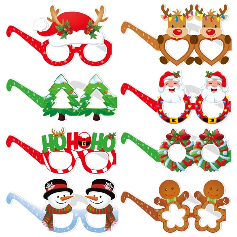 

8Pcs Merry Christmas Cute Paper Glasses Deep Snowman Xmas Tree Santa Claus Paper Glasses DIY Christmas Party Decoration Supplies