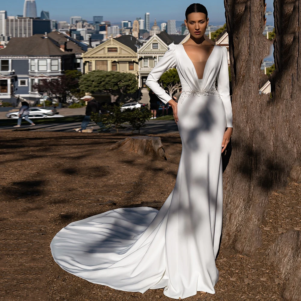 

Sexy Deep V-neck Mermaid Wedding Dresses Long Sleeves Bridal Gown Ivory White Court Train Fishtail Bride Dress Vestido de Novia