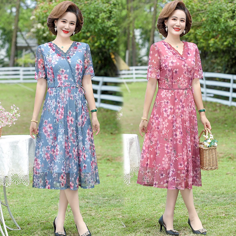 

Summer Beach Floral Dress Women Elegant Chiffon Midi Dress Pink Print Bodycon Party Dress Short Sleeve Vestidos