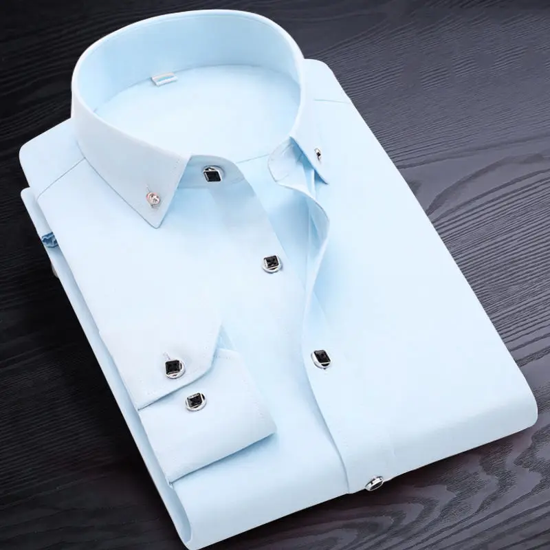 Korean Spring and Autumn Long Sleeve Shirt Men's Business Slim Fit Formal White Shirt Middle Aged and Youth Square Neck Top