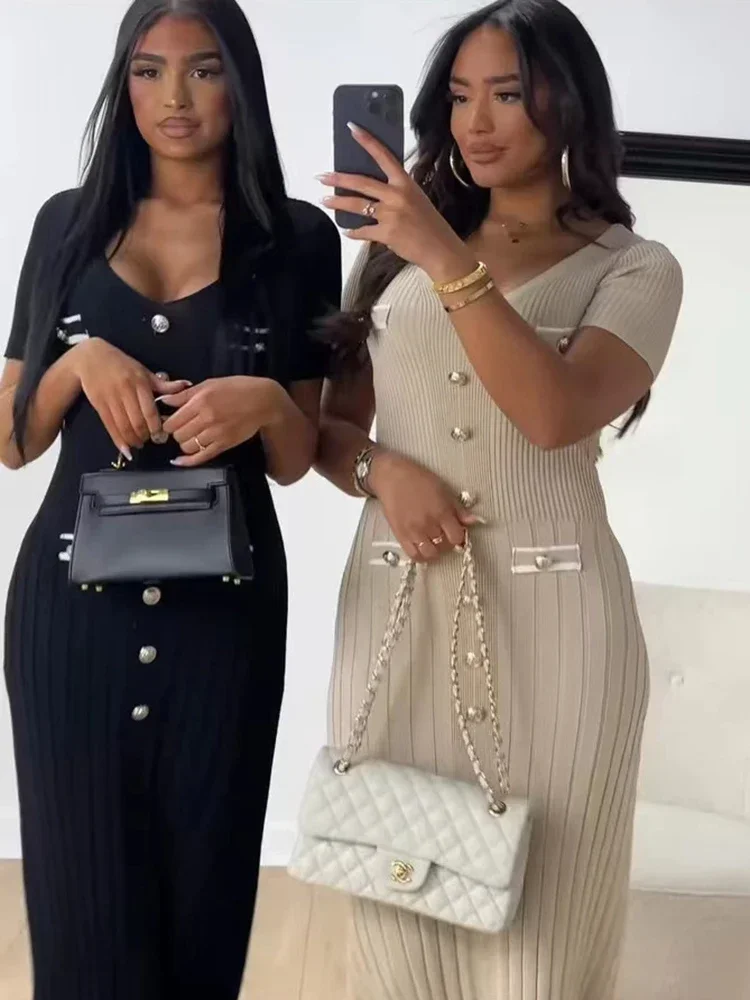 Офисное женское элегантное вязаное длинное платье летнее однобортное