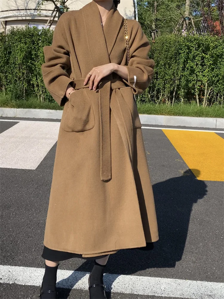 Высококачественное длинное двустороннее кашемировое шерстяное пальто женское