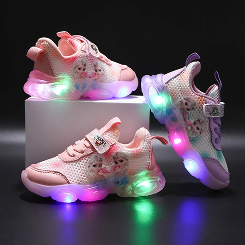 

New Spring Summer Girls Kids Casual Sneakers Led Light Luminious Baby Kids Shoes Cartoon Frozen Toddler Sport Running Shoes Pink