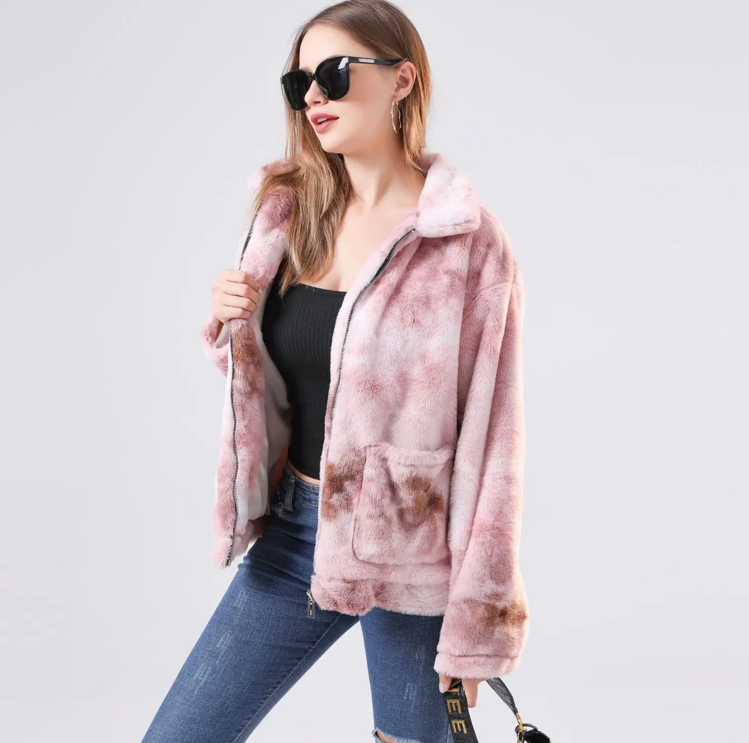 Women's Fur Coat Autumn and Winter Plush Color Tie-Dyed Long-Sleeved Jacket for Women Faux Fur Coat
