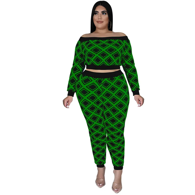 Plus Size Women's Fashion Casual Sports Suit 2022 New Straight Shoulder Plaid Sexy Two Piece Set  Wholesale Dropshipping