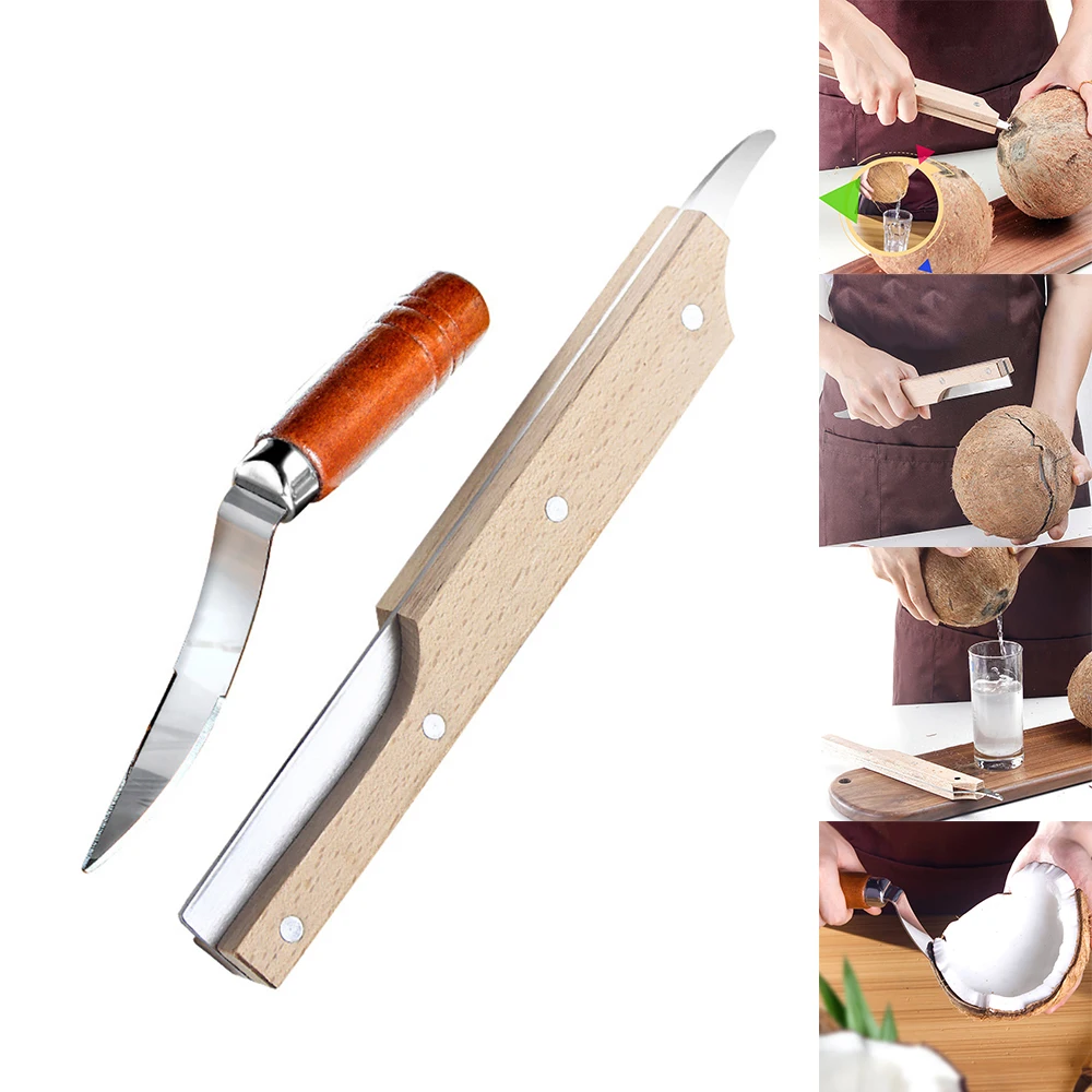 Stainless Steel Coconut Opener Fruit Opener Double Ended Coconut Cutter With Wooden Handle Coconut Shell Knife Kitchen Gadget