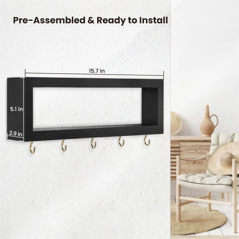 Деревянная настенная полка с крючками для прихожей декоративный держатель