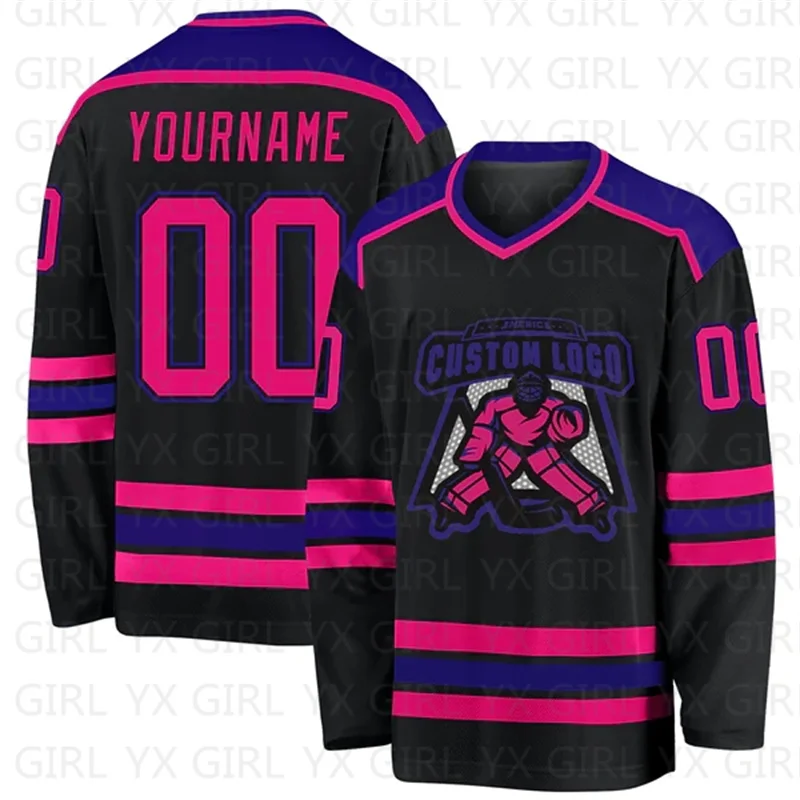 

Хоккейная Джерси на заказ, черная, ярко-розово-фиолетовая, с 3D принтом, с именем, с вами, Молодежная, женская, мужская хоккейная Джерси, тренировочные Джерси для соревнований