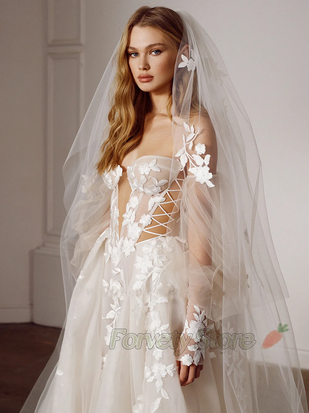 

Evintage Bohemia Wedding Dresses Sweetheart 3D Flower Appliques Lace A-Line Bridal Gowns Beach Puff Sleeves Boho