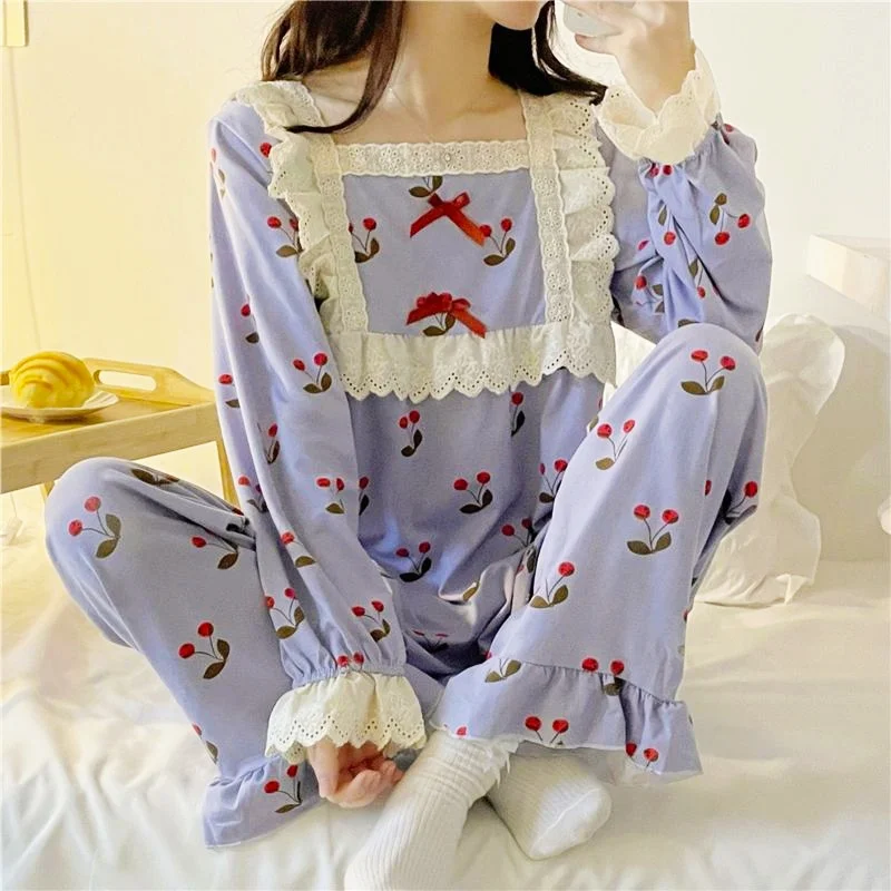 Spring Pajamas Set Full Sleeve Tops Long Pants Sexy Lace Bow Pyjama Big Size Homewear Cozy Sweet Sleepwear 2Piece/Set