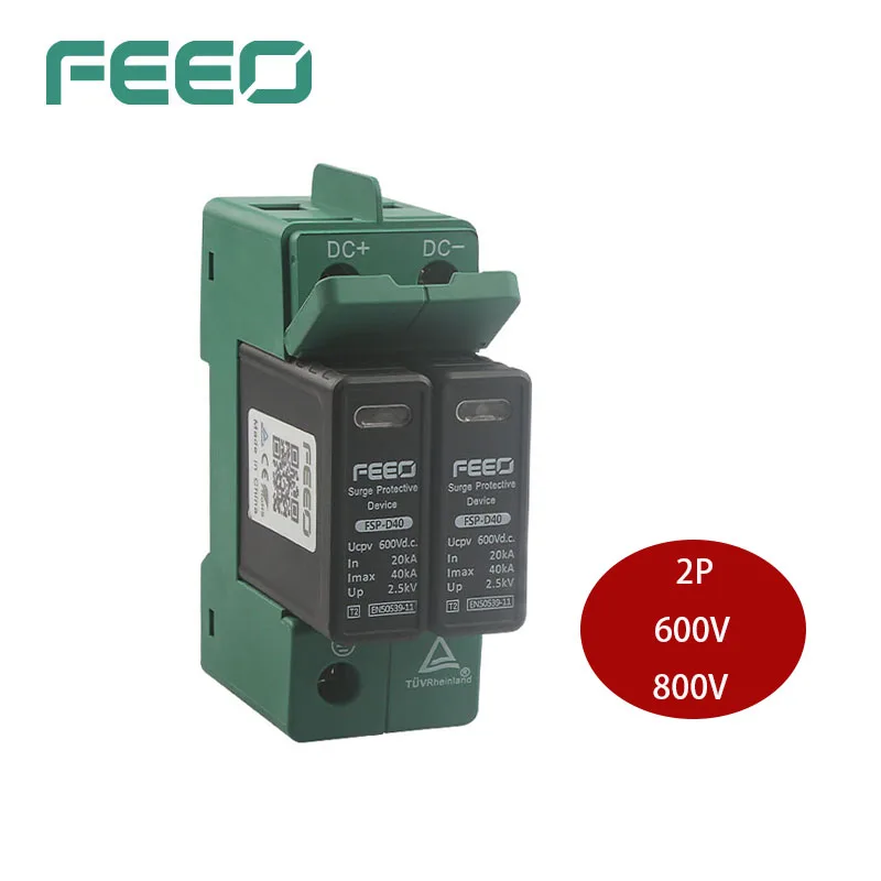Feeo dc Spd 2p 600v 800v 20ka 4040ka Din Ferroviário Solar Proteção de Energia ao ar Livre Dispositivo Protetor contra Surtos de Baixa Tensão Disjuntores