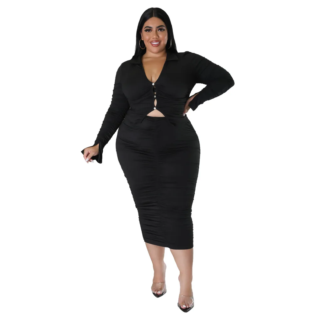 Women's Elegant Long-sleeved Plus Size Two-piece Set Of Solid Color V-neck Top Buttock Wrap Skirt Office Professional Suit